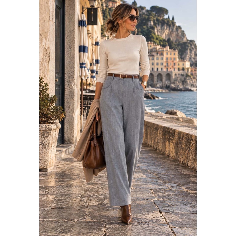 Kut from the Kloth Charlotte Grey Pinstripe Wide Leg Trousers KB67502 Size 8 NWT
